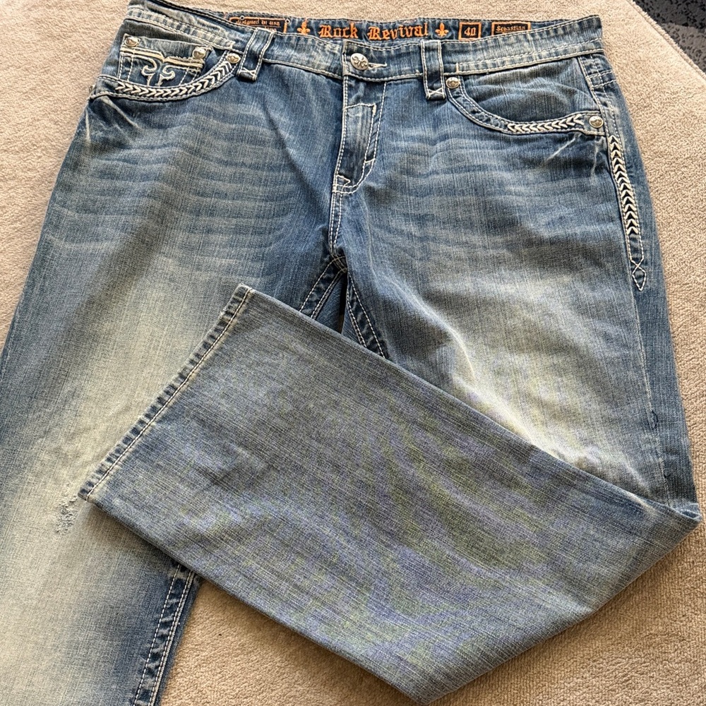 Rock Revival Blue Faded Embroidered Pocket Jeans